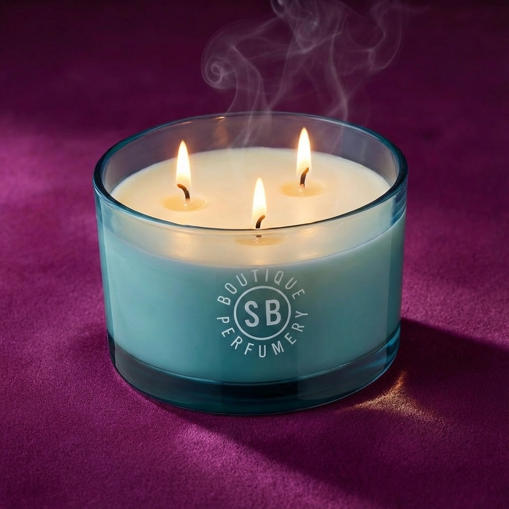 Three-wick candle in a blue container with 'SB Boutique Perfumery' logo on a purple background