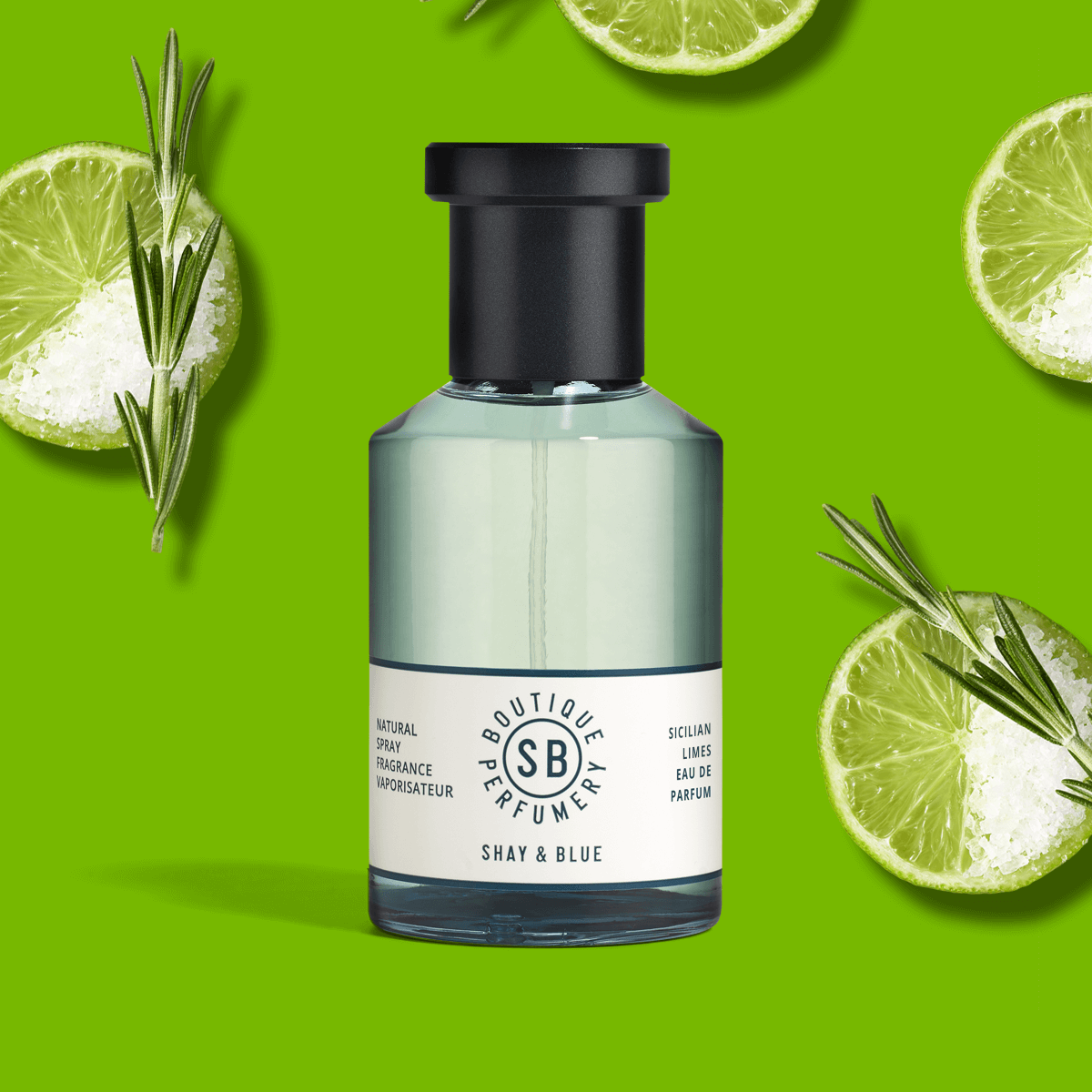 Sicilian Limes Fragrance 100ml | Tangy limes with a happy-hour hit of a salty margarita, rosemary and moss | Clean All Gender Fragrance | Shay & Blue
