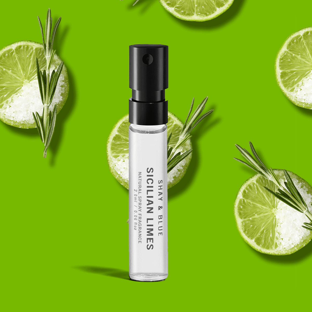 Sicilian Limes Fragrance 2ml | Tangy limes with a happy-hour hit of a salty margarita, rosemary and moss | Clean All Gender Fragrance | Shay & Blue